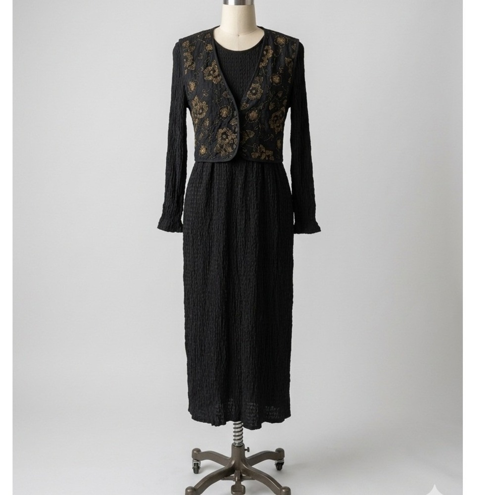 Vintage 90s Black Gold Vest Maxi Dress Crinkle Whimsigoth Witchy Renaissance 10P
